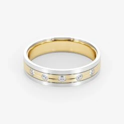18K Bi-Color Gold Diamond Pave Split Brushed Wedding Ring